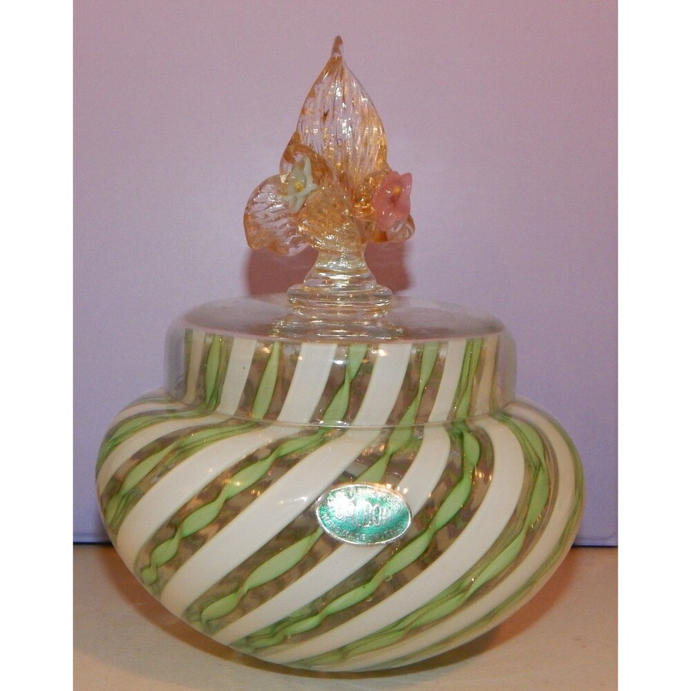 Balboa Art Glass Murano Glass Green White w/ Gold Flecks APOTHECARY Jar Dresser